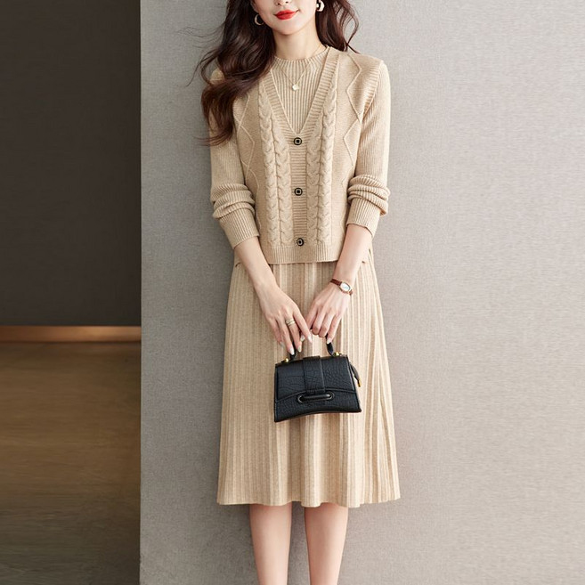 중년 여성 프리미엄 니트 원피스 투피스 봄가을 기질 코디 미디 긴팔 원피스 겨울 슬림핏 코트 스웨터 치마 LJX