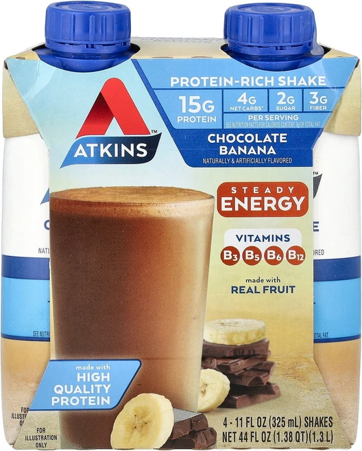Atkins 단백질이 풍부한 셰이크 초콜릿 바나나 4개입 개당 325ml(11fl oz) Atkins (엣킨스), Atkins, 단백질이 풍부한 셰이크, 초콜릿 바나나,, 4개, 325ml - 쿠팡