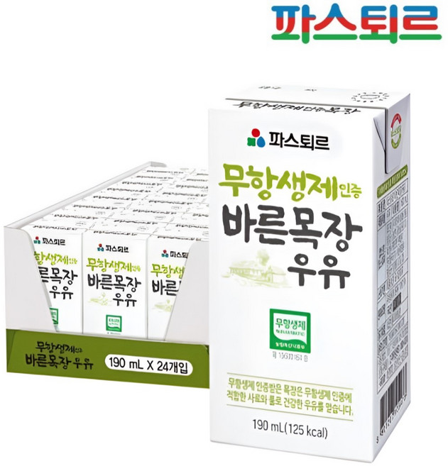 파스퇴르 무항생제 인증 바른목장 우유, 190ml, 24개