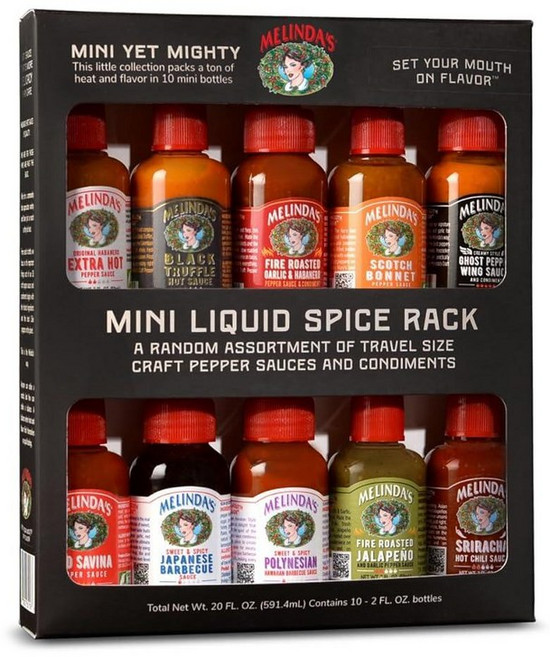 Melinda's 미니 핫 소스 버라이어티 팩 - 10팩 (각 59.1ml(2온스) 여행 친화적인 핫소스 병이 포함된 고급 선물 세트 10가지 이상의 맛131042, Mini Liquid Spice Rack Random, 59.1ml