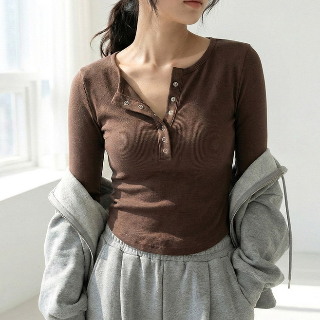 네모엔룩 또또라운드골지 라운드넥 반오픈 스냅버튼 슬림핏 골지 긴소매 세미크롭 티셔츠