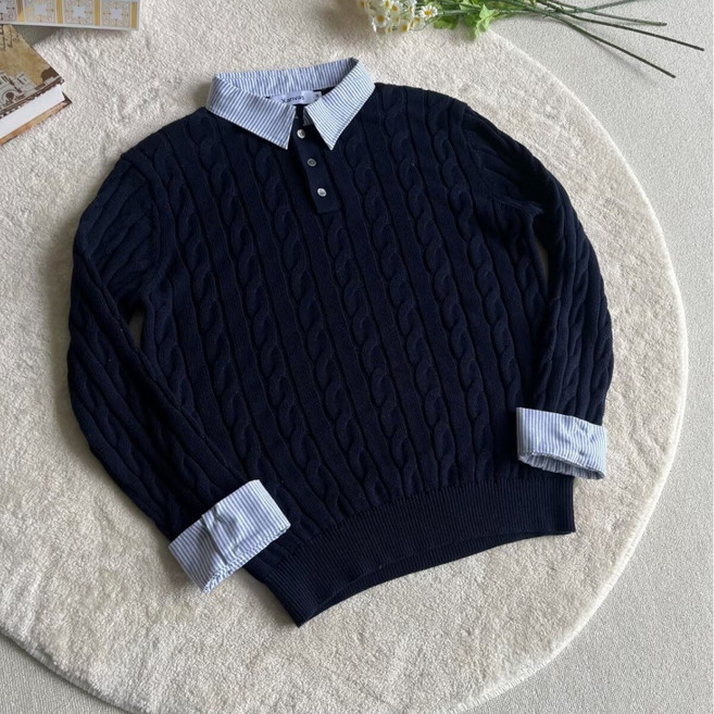 ANYOU 남자 니트 긴팔 레이어드 스타일 카디건 카라 상의 맨투맨 패션 페이크 투피스