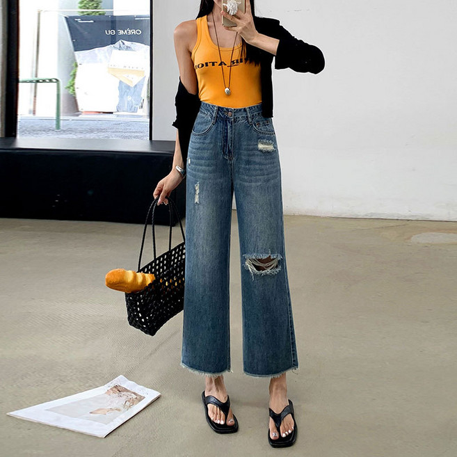 SAHINER 여성 데님 와이드 9부 팬츠 찢어진 하이웨스트 여름용