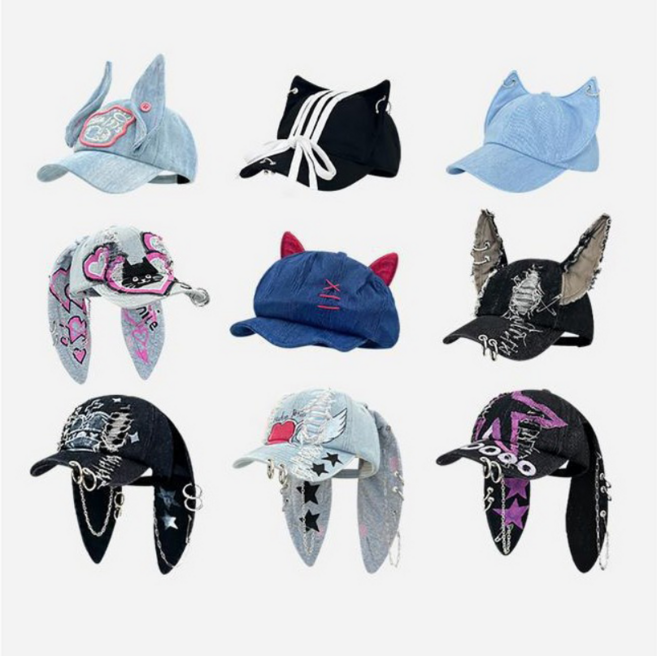 DODLXL 데님 토끼귀 고양이 모자 Y2K 핸드메이드 볼캡 힙합모자 댄서 헬로윈 모자 모음
