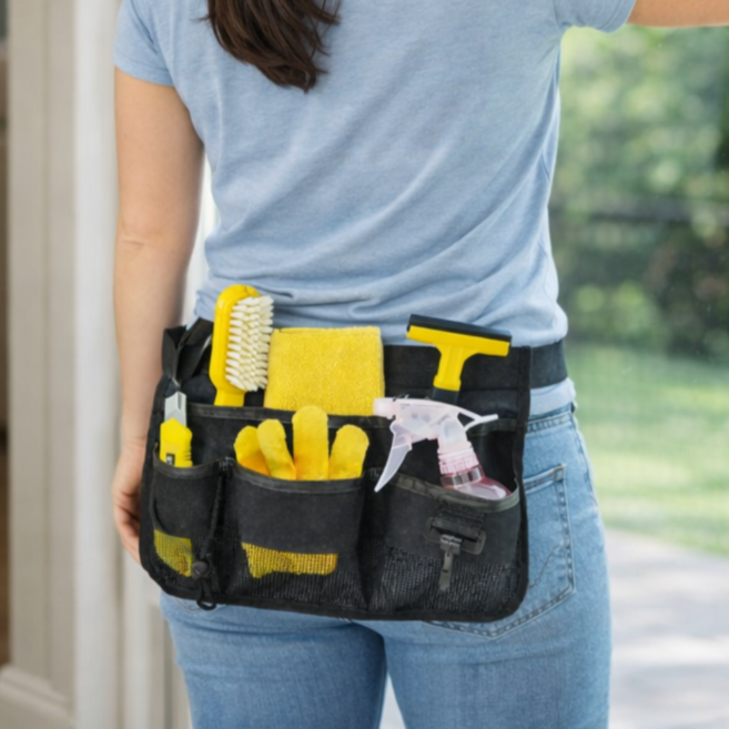 무아랑 다양한 포켓 허리조절 청소도구 벨트가방, 블랙, 1개