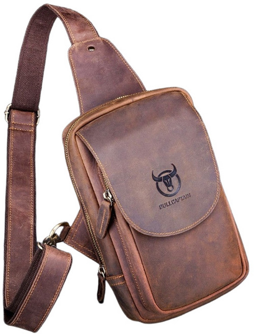 男士真皮復古風馬皮胸包, 133棕色