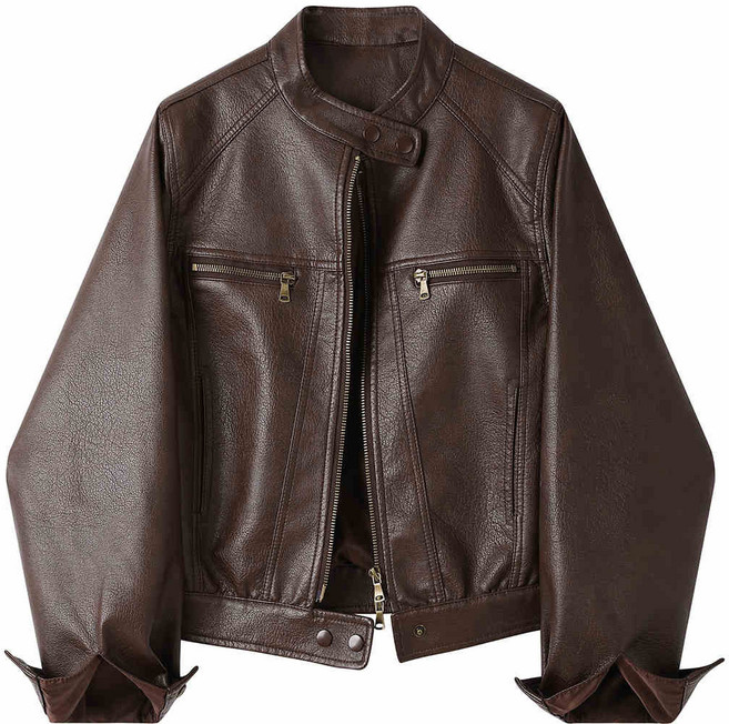 POMTOR 여성 루즈핏 PU 레더자켓 라운드넥 심플 바이커 무드 아우터