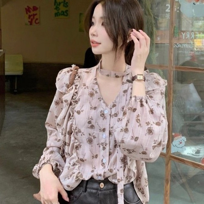 다중성 여자브이넥 플라워셔츠 긴팔상의