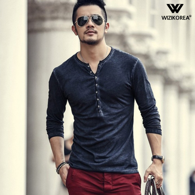 헨리넥 빈티지 티셔츠 V넥 긴팔티 남자 남성 WI021T