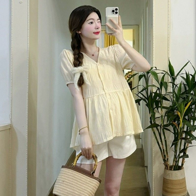임산부 여름 쉬폰 블라우스 캐주얼 여름룩 넉넉한 핏 일상룩 JS