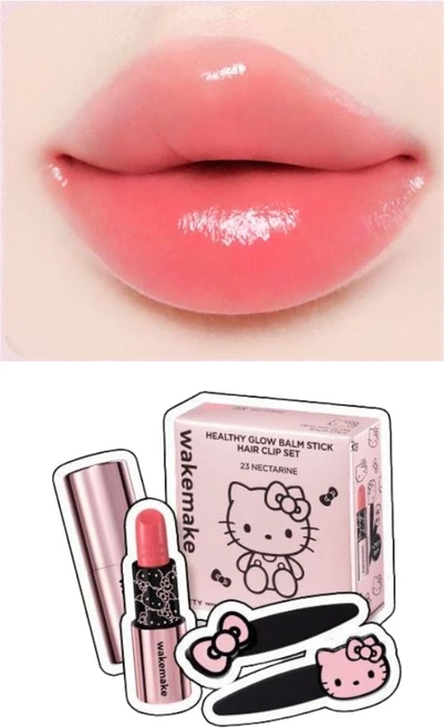 웨이크메이크 헬로키티 블랙에디션 헬시 글로우 밤 스틱+헤어핀 기획 사은품(립리무버), 1개, 23 넥타린 - 쿠팡