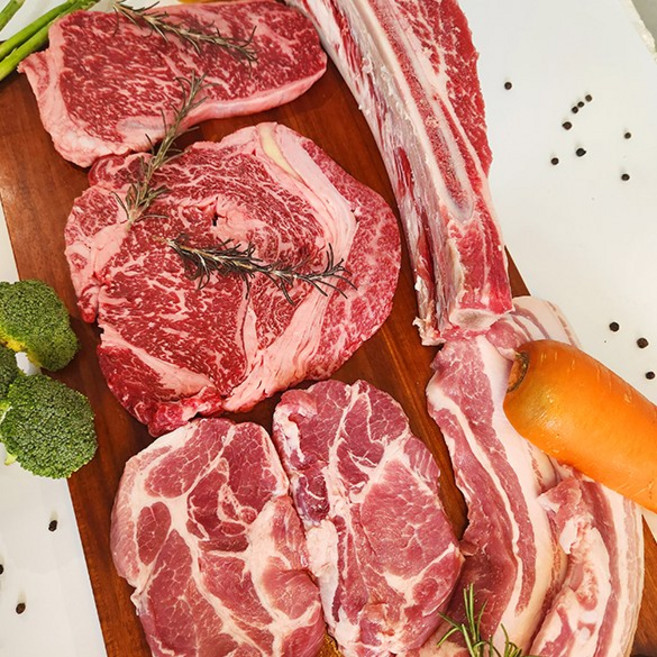 꽃등심+살치살+우대갈비+삼겹살+목살 세트 한우 1++ 9등급 거세 (여행 캠핑용), 1개