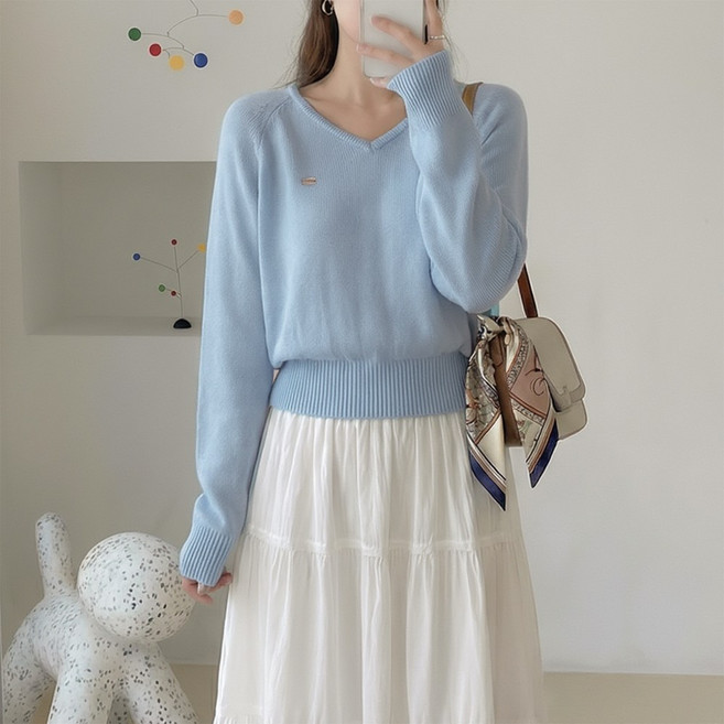 데일리앤 메리 여리핏 브이넥 나그랑 세미 크롭 봄 여성 긴팔 니트 티셔츠