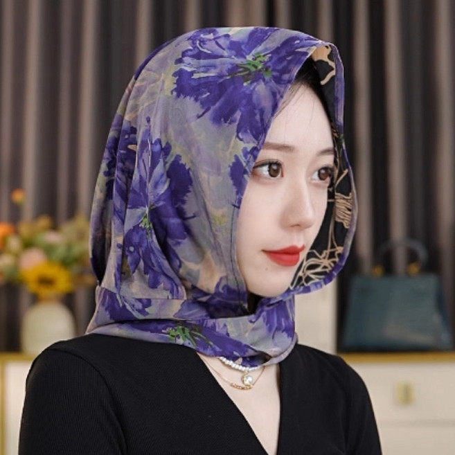 女士連帽防曬絲巾 春夏薄款透氣包頭圍巾 百搭旅行披肩 休閒飄帶頭巾帽 多功能防風防沙穿搭配件 #紫色薔薇 #均碼