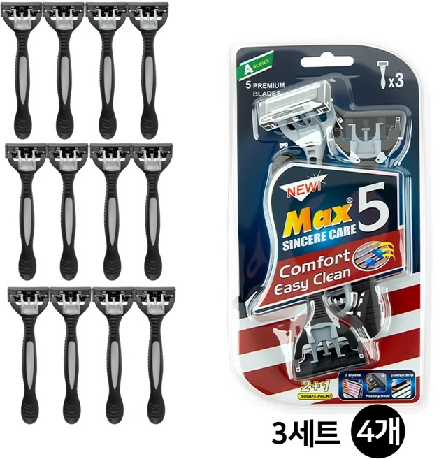 PureEdge 5중날 대용량 가성비 12EA 일회용 면도기 쉐이빙폼 3EA 포함, 4개, 3세트 - 쿠팡