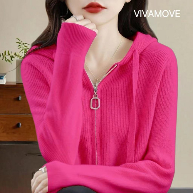 VIVAMOVE 여성 후드 집업 니트 카디건 솔리드 캐주얼 니트 골프 카디건