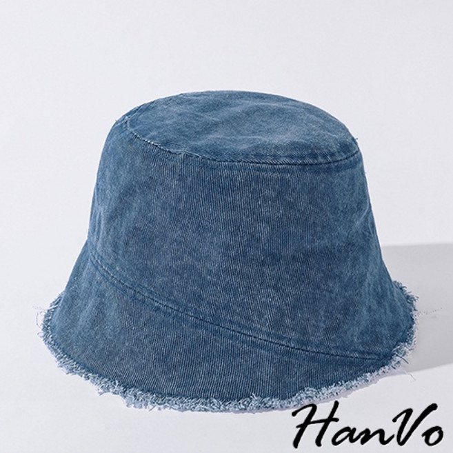 HanVo 牛仔布毛邊漁夫帽 休閒百搭遮陽帽