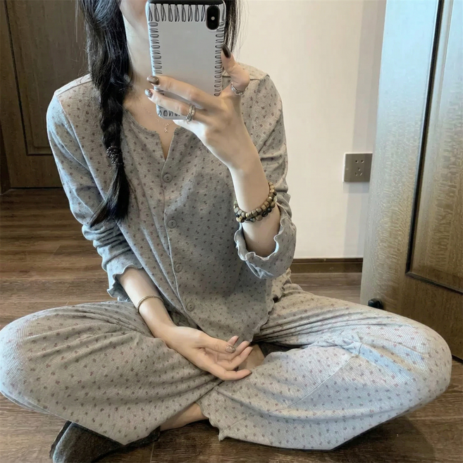 Jeernare 사계절 꽃무늬 여성 잠옷 세트 부드러운 긴팔 여성 파자마 상하세트