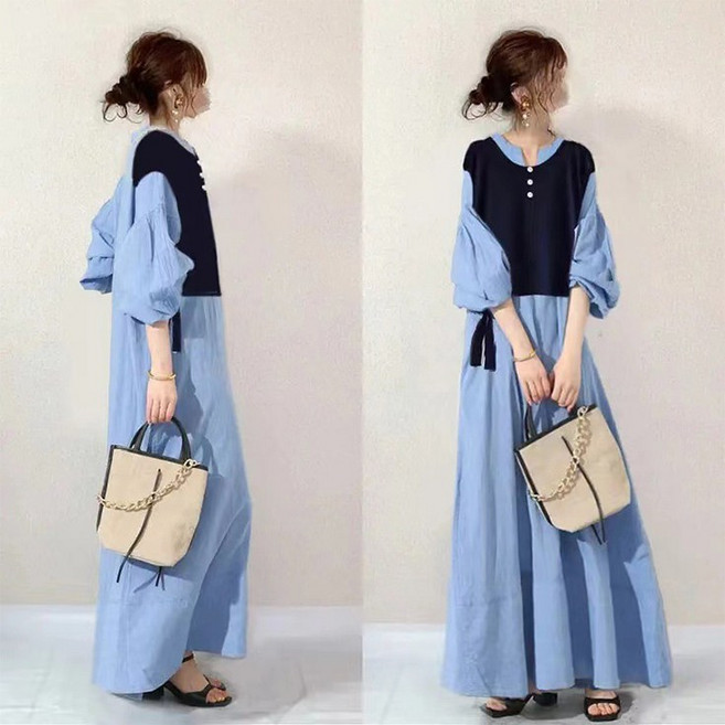 꽃소담 봄가을 여성 블루 레이어드 벌룬 예쁜 긴팔 롱원피스 HZHF1792