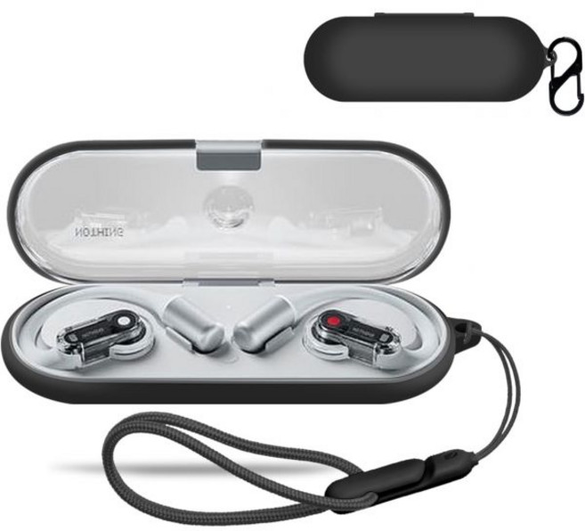 이어폰 충전기 커버 케이스 액세서리 Nothing 이어 열린 오픈 커버 무선 실리콘 보호 - 낙하 스크래치 충격 방지 방진 빨간색 카라비너 랜야드 및 예약 충전 포트, Black, 1개