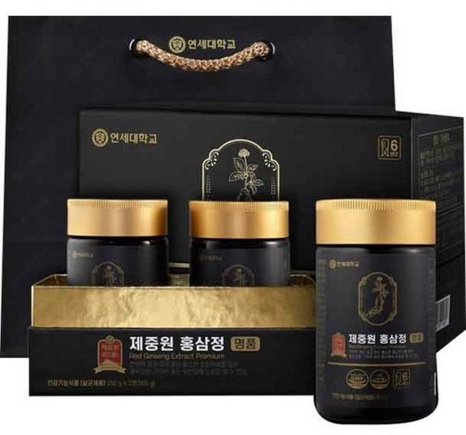 연세대학교 제중원 5중 복합 기능성 6년근 홍삼정 2병 선물세트 + 쇼핑백, 500g, 1세트