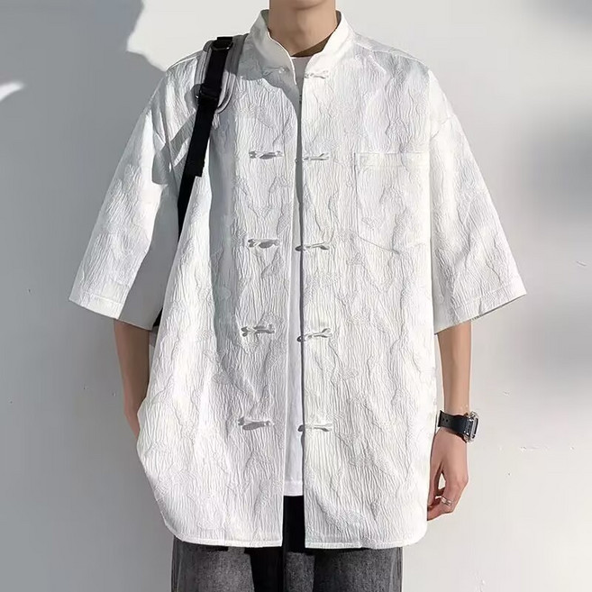 新中式盤扣短袖襯衫 夏季提花中國風休閒襯衣