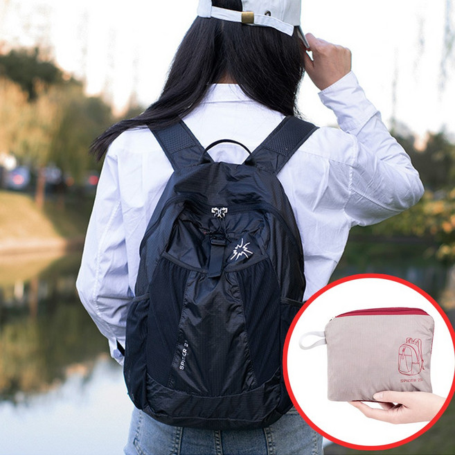 엘마운틴 초경량 접이식 방수 배낭 25L 아웃도어 여행 등산 초소형 휴대용 백팩, 올블랙