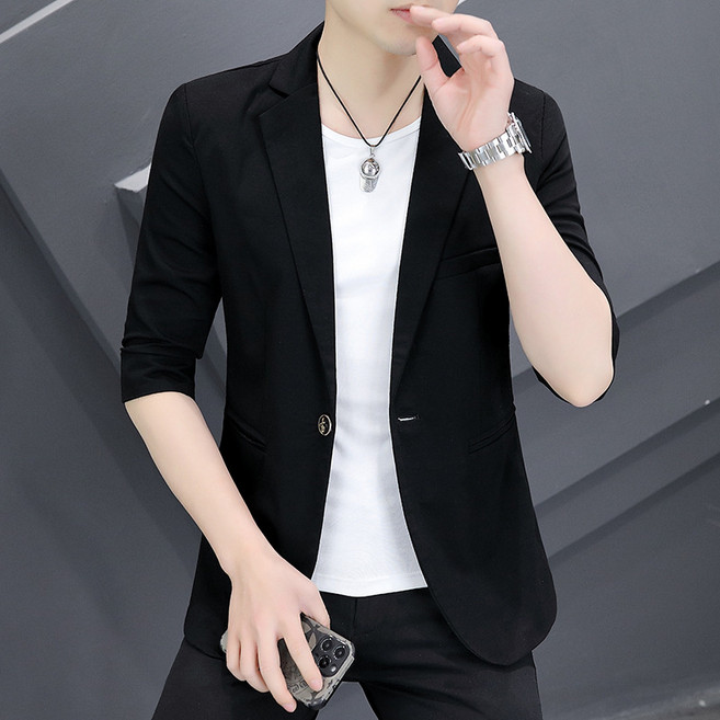 AOKADA 남자 아이스 실크 쿨링 7부소매 솔리드 베이직핏 비즈니스 결혼식 하객룩 면접 오피스룩 들러리 캐주얼 데일리 양복 상의 자켓 블레이저 남성 정장