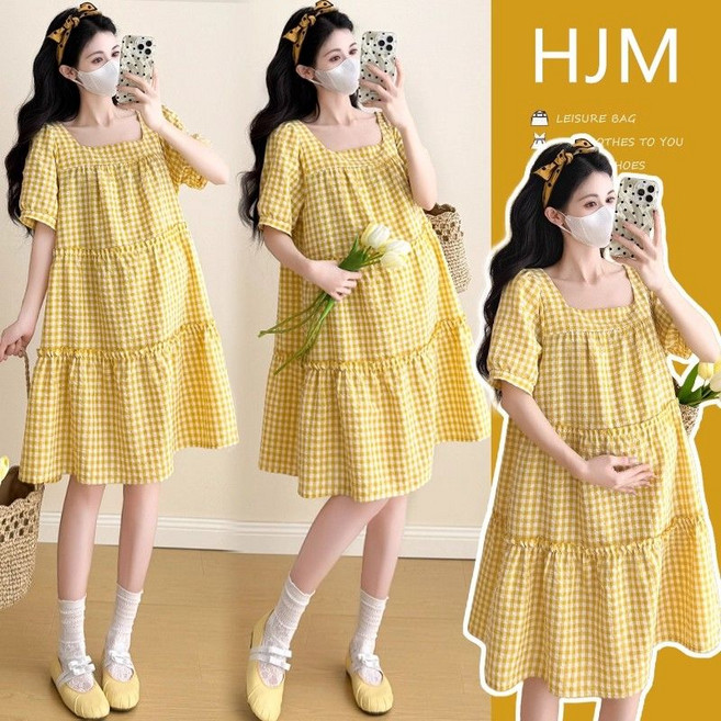 Neirny 임산부 원피스 봄가을 빅사이즈 기질 여름 패션 반팔 간절기 스판 데일리 오버핏 임부복 A라인 스커트