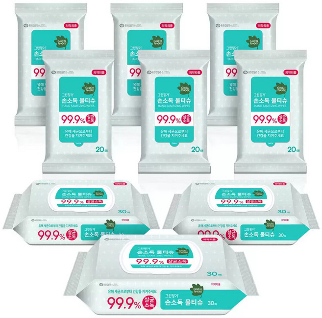 유한킴벌리 그린핑거 손소독 물티슈 210매, 콤보(30매 캡x3개+휴대용 20매x6개), 6개
