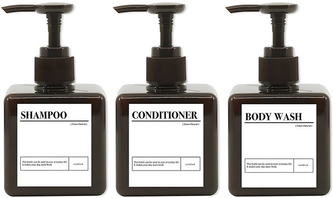 뉴앤룩 욕실 디스펜서 일반형 250ml x 3p + A 라벨 스티커 샴푸 + 스티커 컨디셔너 + 스티커 바디워시 세트, 브라운, 1세트