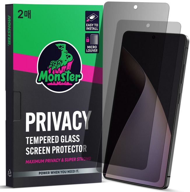 몬스터 사생활보호 슈퍼강력 강화유리 휴대폰 액정보호필름 2매 + 똥손탈출 부착틀, 1세트