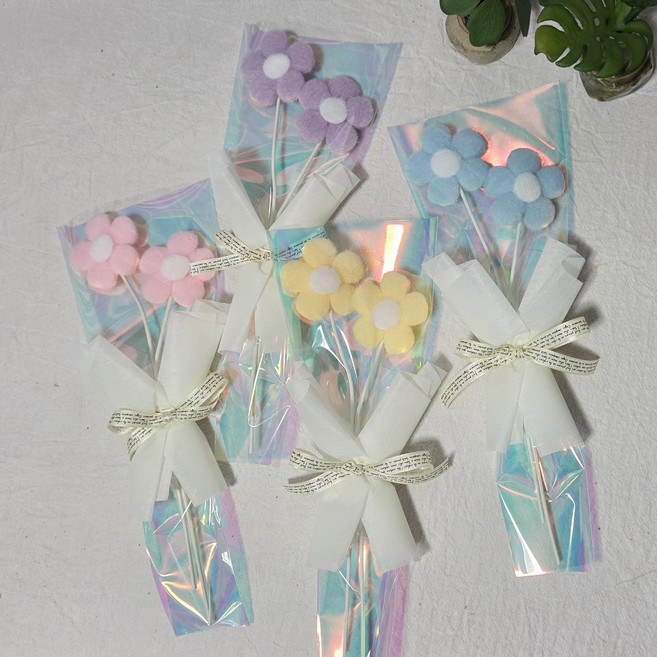 양모 미니꽃다발 4종 한송이 유치원꽃다발 재롱잔치 수료식꽃다발 단체꽃다발, 4개, 핑크+노랑+파랑+보라