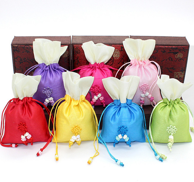 복주머니 3색 전통 한국 기념품 외국인 선물 설날 추석 실크 선물포장 답례품, 노랑