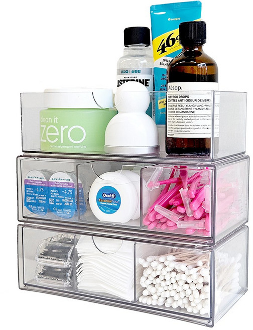 리빙에센셜 미니 욕실수납장 정리함 3단, 1세트, 투명