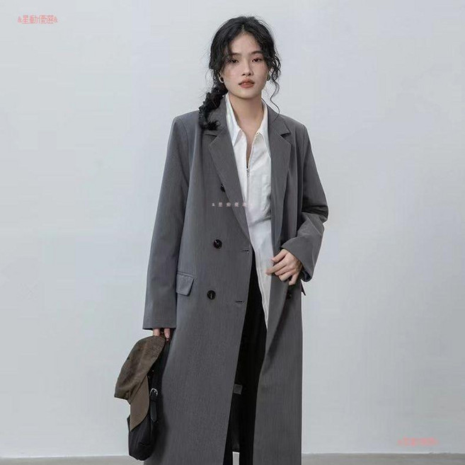 韓版長款西裝風衣女 春秋薄款上衣, 深灰,L 建議57.5公斤左右
