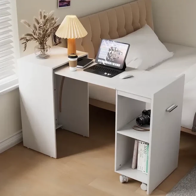 Bornoon 협탁과 책상이 하나로 합쳐진 듀얼 폴딩 슬림형 테이블, 1인용, 화이트