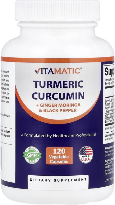 새해 첫좋은선물 Vitamatic 강황 커큐민 + 생강 모링가 및 흑후추 베지 캡슐 120정 제대로 할인합니다, Vitamatic강황커큐민생강모링가및흑후추베지캡슐120, 1개 - 쿠팡