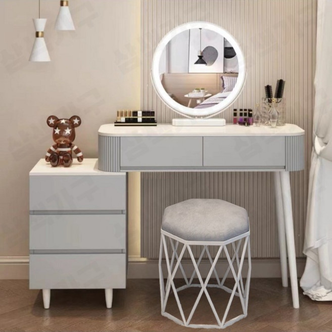 (무료 설치) 미니 화장대소형다용도조명거울LED스트립좌식화장대세트의자포함 수납장 (방문 설치 서비스), A 새둥지 스툴, 그레이