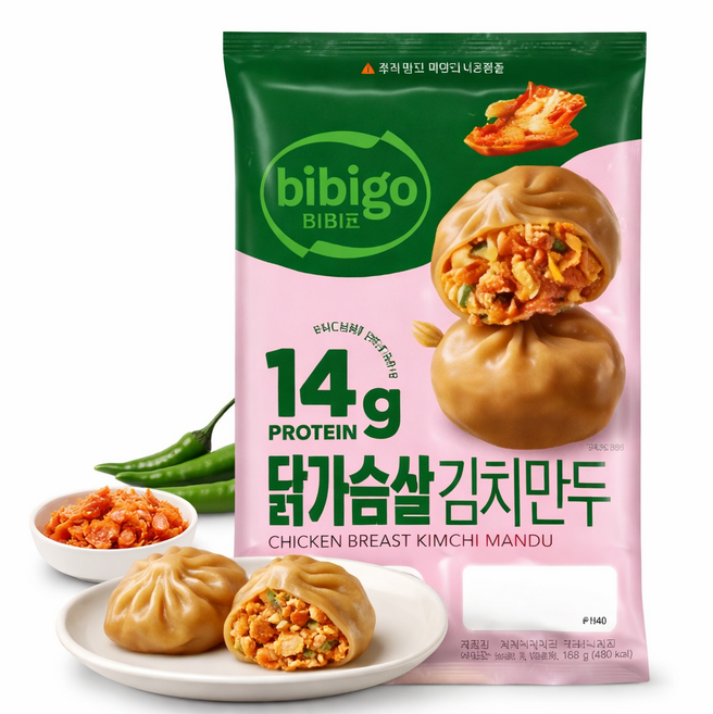 비비고 닭가슴살 김치만두, 12개, 168g