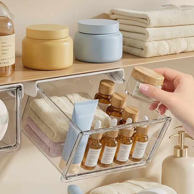 카로히포 부착식 붙이는 무타공 다용도 슬라이딩 서랍 정리함 소형, 투명, 1개