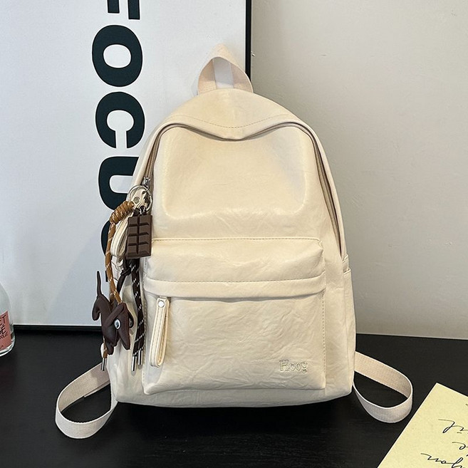 新款純色背包 簡約PU雙肩包 大容量電腦書包 通勤背包 防水休閒包, 白色,帶掛件