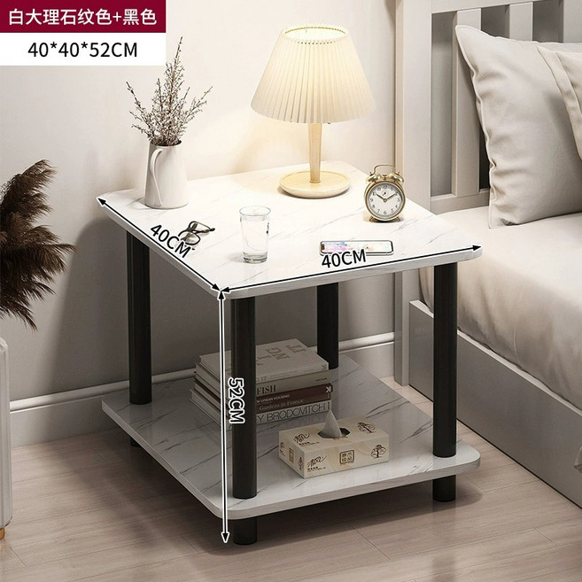 臥室簡約窄款床頭置物邊桌, 白大理石紋色實木腿邊桌 40x40x52公分:需組裝