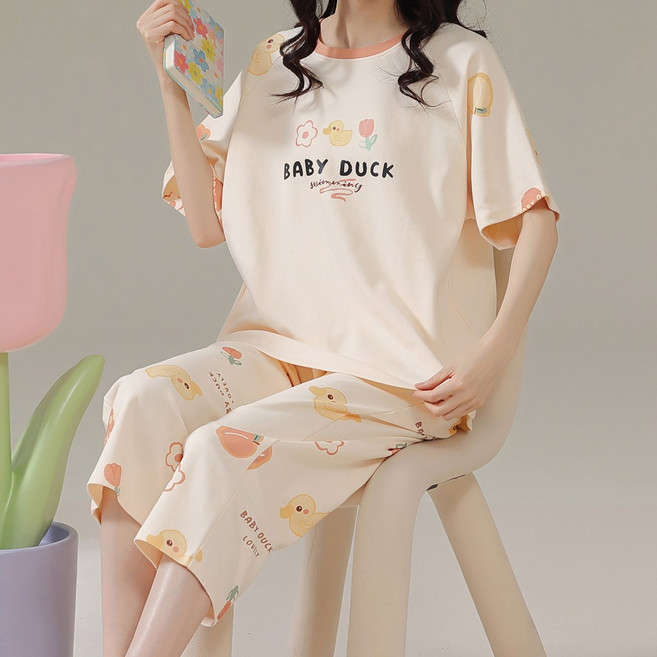여성 라운드넥 곰돌이 체크 반팔 칠부바지 홈웨어 잠옷 세트