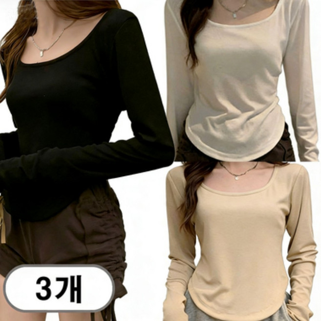 차쿠 1+1+1 여성 라운드 슬림핏 U넥 긴팔티셔츠 3장세트