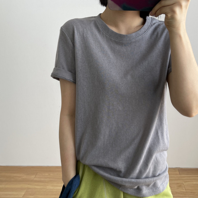 POMTOR 여름 여자 기본 무지 면린넨 반팔티 루즈핏