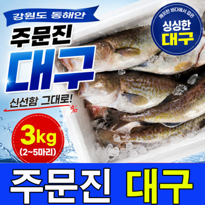 주문진 국내산 생물 생대구 3kg를 신선도 유지를 위해 급속냉동하여 발송 2~5마리 품질좋은 생대구만 선별, 1세트, 3kg