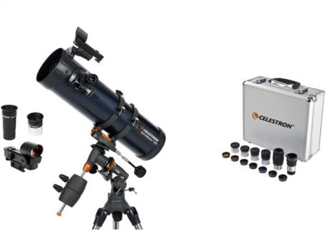 셀레스트론 - 아스트로마스터 130EQ 뉴턴 망원경 및 1.25인치 접안 렌즈 필터 액세서리 키트 14피스 세트 플로슬 바로우, 130EQ Newtonian, Telescope + Accessory Kit, 1개