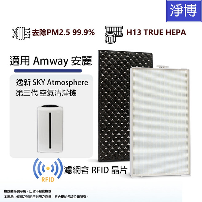 淨博 適用 Amway 安麗 逸新 SKY Atmosphere 第三代空氣清淨機 HEPA 濾網活性碳濾芯組, 1個