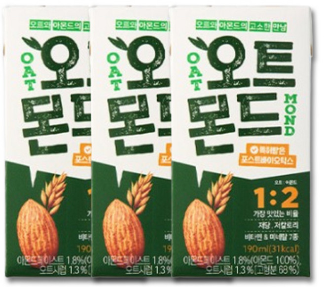 롯데칠성 오트몬드 오리지널 190ml 오트 아몬드 저당 저칼로리 간식 음료, 3개